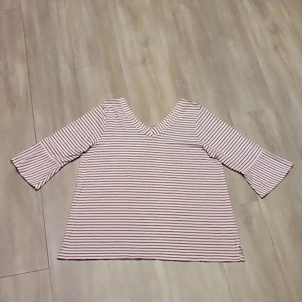 J Jill Striped 3 Quarter Bell Sleeve V Neck White Red‎ Blue Blouse Womens Size L